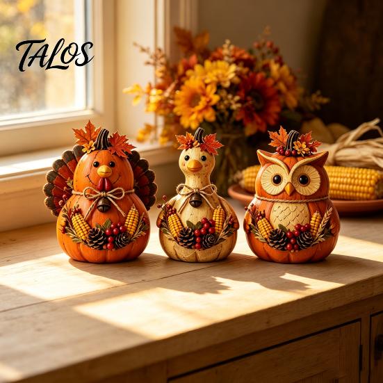 Seasonal Autumn Shelf Display 3PCS Rustic Harvest Wooden Ornaments, Animal Designs Retro Small Pumpkin Figurines Distressed Farmhouse Crafts,