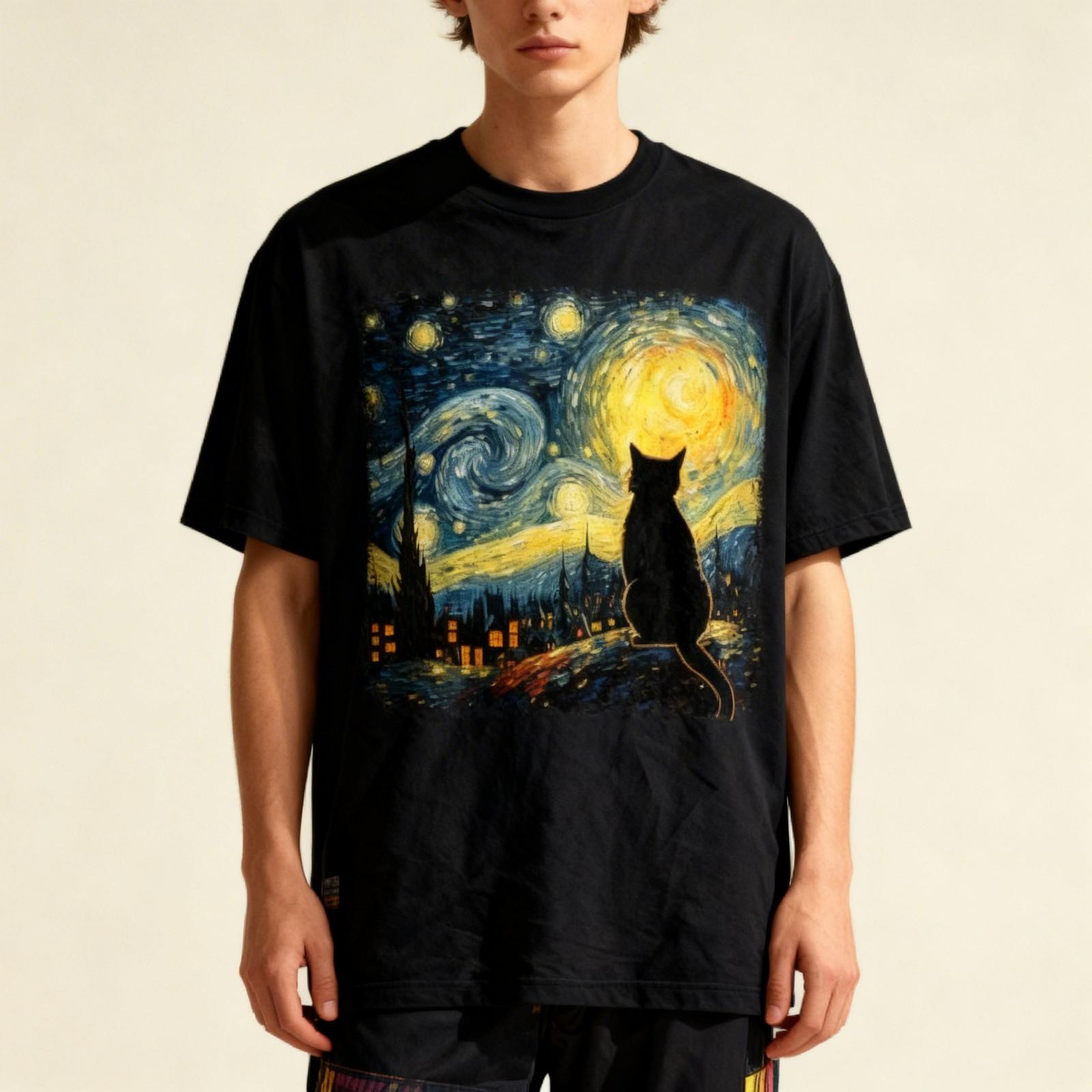 Cat Starry Night Van Gogh Cat For Cat Lover Cat Mom Cat Dad Unisex T-Shirt XXXXL