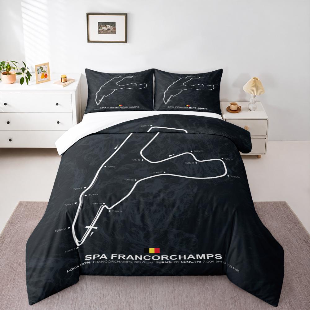Spa Francorchamps Circuit Map Bedding set (1 duvet cover, 2 pillowcases, duvet not included), Belgium F1 Race Track Turns Topographic Art Print