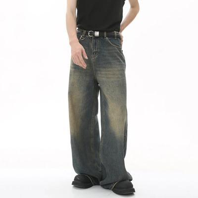 Men's Denim Pants Old Blue Washed Male Jeans Straight Casual Menwear Loose Wide Leg Trousers New Fashion