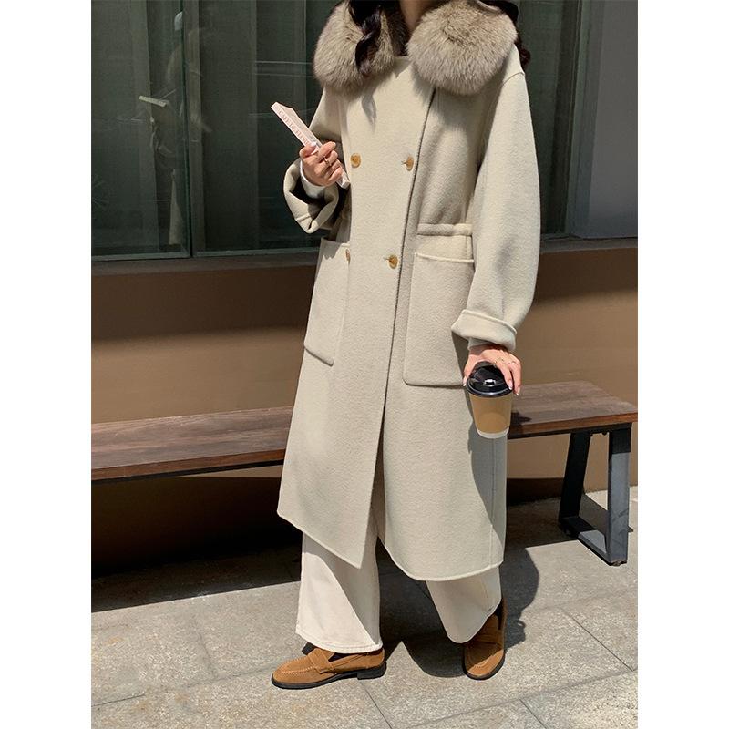 Double-sided pure wool coat, high-end large fur collar warm temperament commuter hand-sewn woolen coat