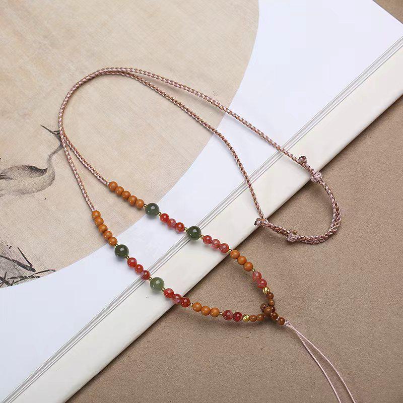 Adjustable Hand-Woven Pendant Cord with Agate, Hetian Jade, and Sandalwood Beads