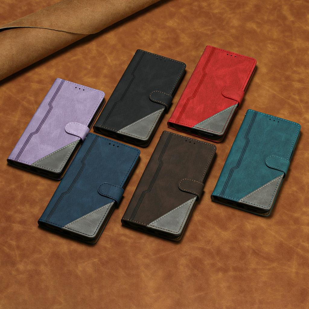 Applicable to iPhone16E leather case 17Pro matte splicing contrasting color card wallet protective case 14plus two-color