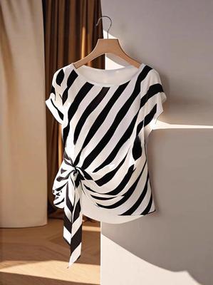European & American 2025 New Style Women's Short Sleeve Round Neck Striped Tie-Up T-shirt