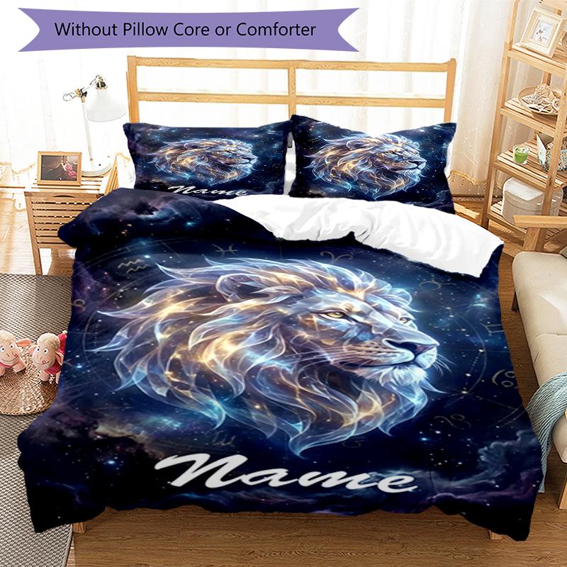 3pcs Custom Name Lion Bedding Set Duvet Cover Closure Includes 1 Duvet Cover & 2 Pillowcases, Soft and Comfortable for All Seasons.