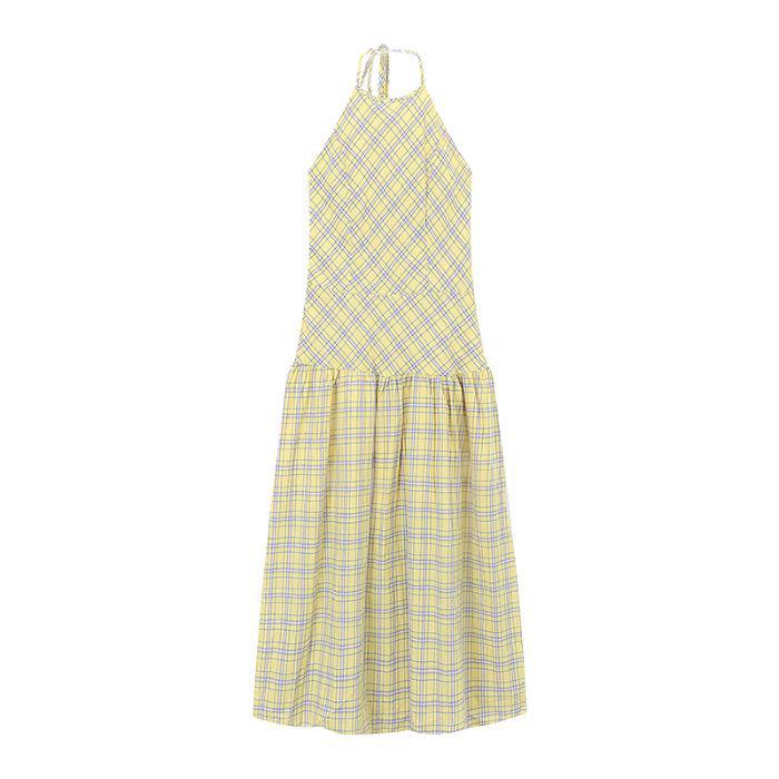 Yellow Plaid Backless Halter Long Dress - Women's Summer Vacation Style