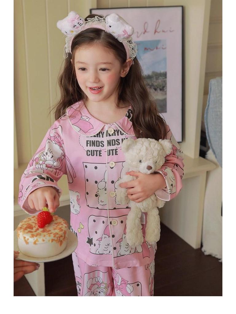 Kids' Korean Style KT Cat Pajamas - Girls' Medium/Large, Cute Cartoon Spring/Autumn Sleepwear