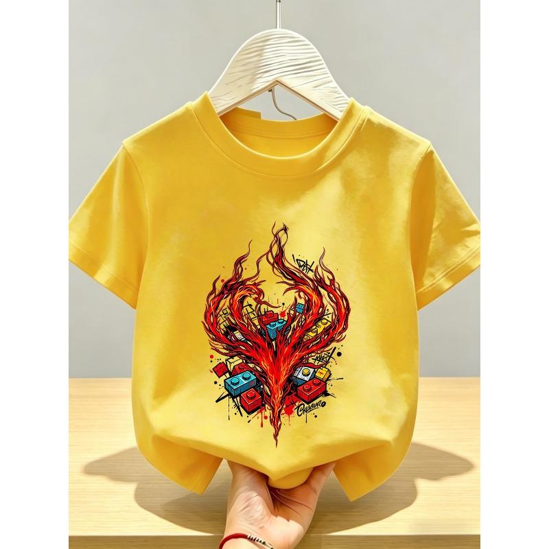 Europäische Größen Kinder-T-Shirt Lebendig und Trendig Flammen-Thema Kreativer Blockdruck, Dynamische Energie und Streetstyle Ausstrahlend. Baumwollstoff, Atmungsaktiv