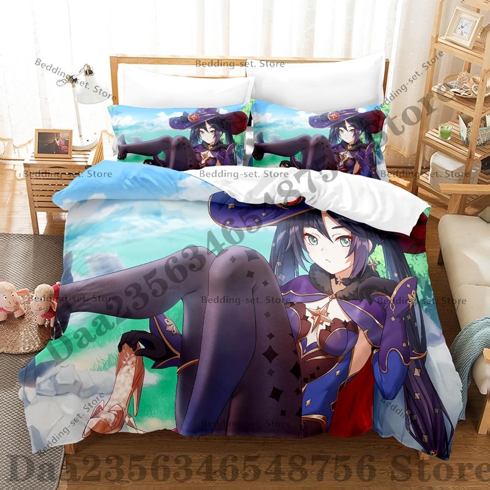 Game Genshin Impact Mona Bedding Set Kawaii Three Piece Set Bed Set Adult Bedroom Duvetcover Sets Anime Bed Sheet Set