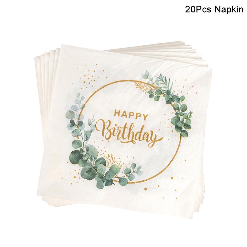 1Set Eucalyptus Happy Birthday Disposable Tableware Paper Plate Cup Napkins Green Leaf Birthday Party Decoration Supplies