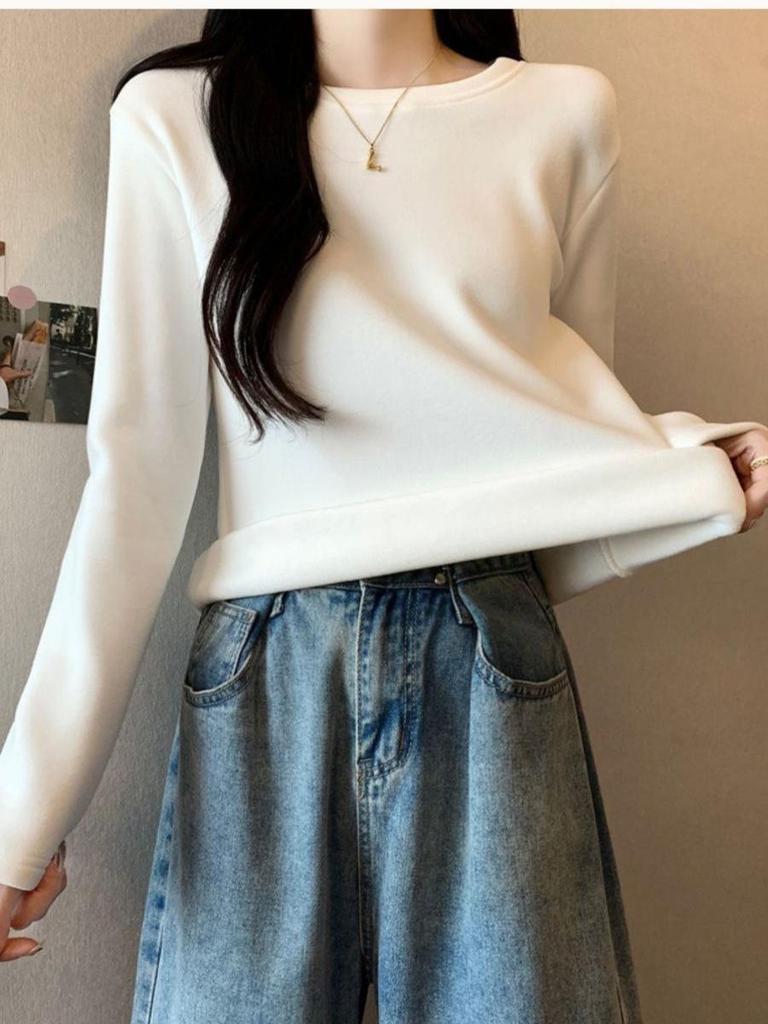 Women's Fleece-Lined Round Neck Base Layer - Thick, Warm, Loose Fit, Long Sleeve T-Shirt for Autumn/Winter. Plus Size Available.