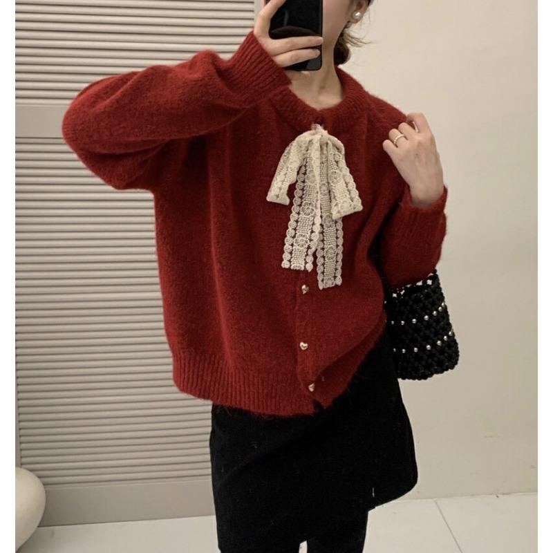 Lace-up Lace Bow Crew Neck Sweater Jacket Women's Autumn and Winter Loose Love Gold Button Knitted Cardigan Women