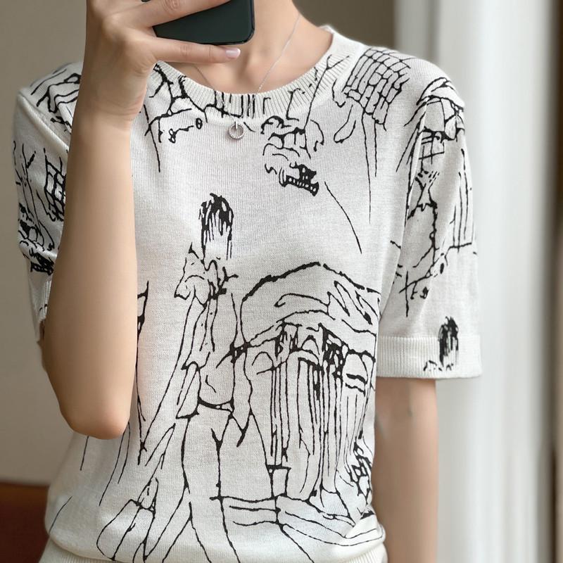 Women's Autumn/Winter Graffiti Wool Sweater: Round Neck, Short Sleeve, Casual Knit Pullover