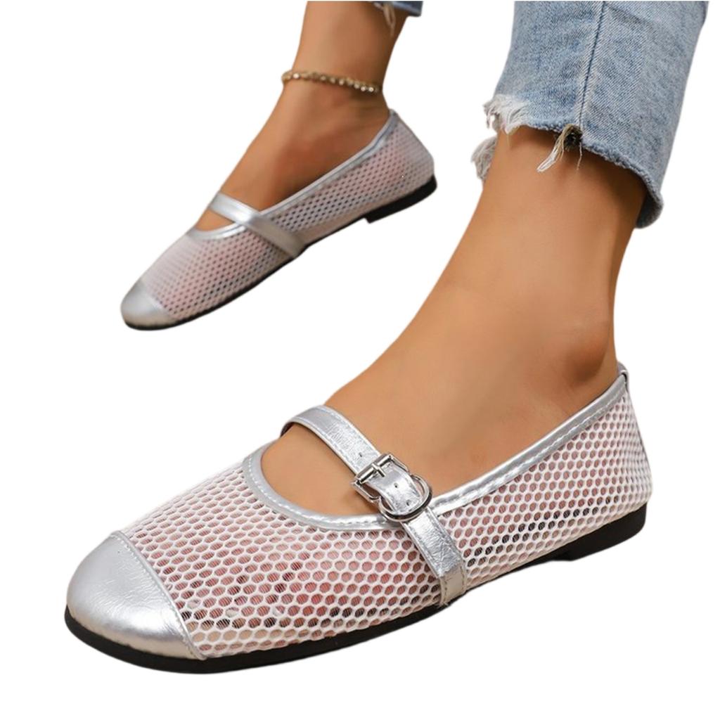 Women Summer Mesh Mary Jane Flats Shoes Breathable One Strap Casual Lightweight Slip On Ballet Flats with Buckle Closure