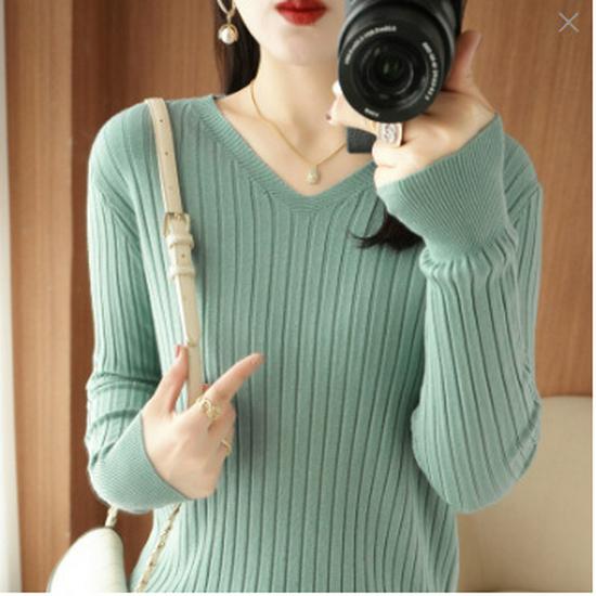 Pulôver Feminino Tricotado Canelado com Decote em V – Top de Lã Slim-Fit para Primavera e Outono 2025