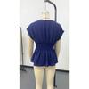 Summer Women's Solid Color V-neck Waist Gathered Pleated T-shirt Short Sleeve Casual Top
