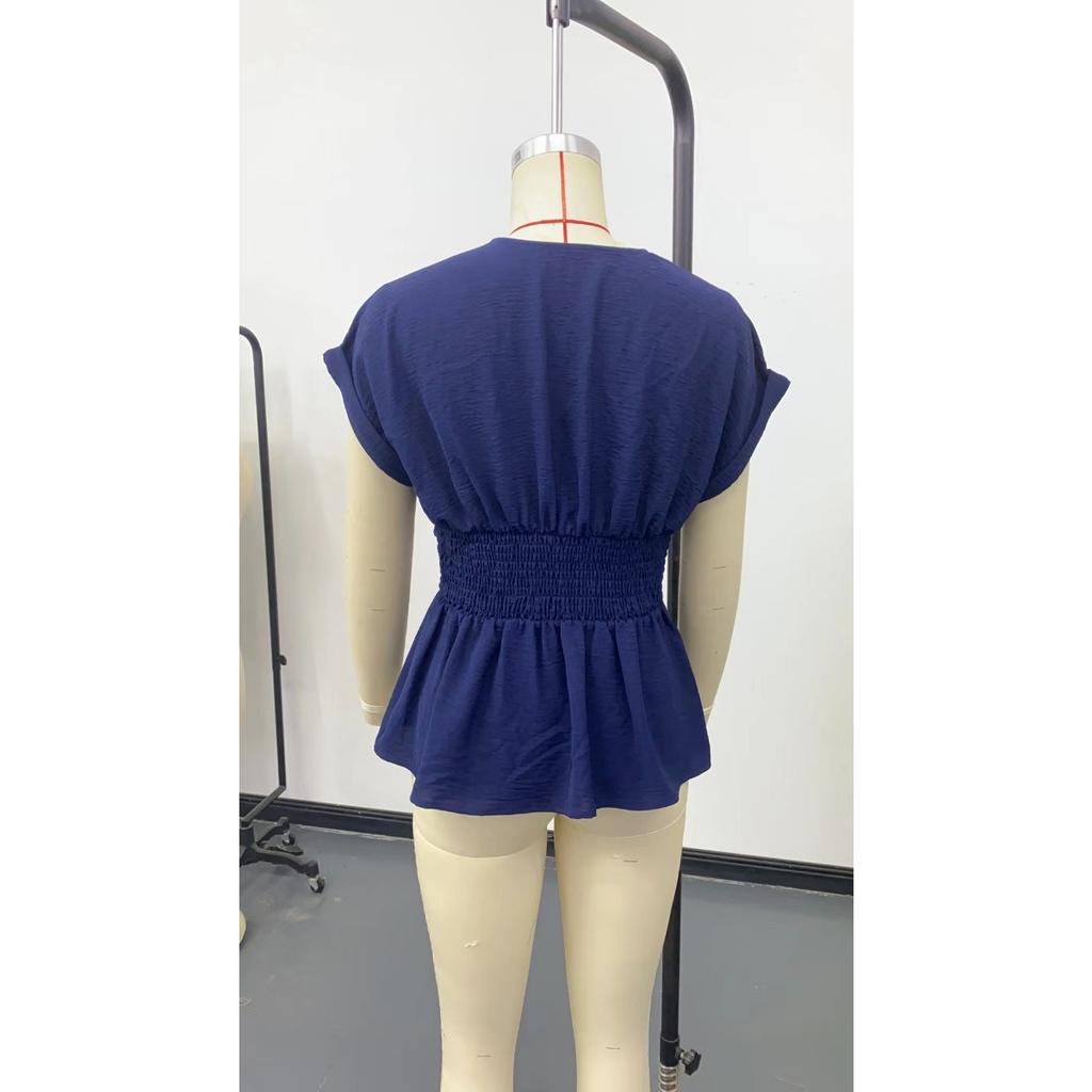 Summer Women's Solid Color V-neck Waist Gathered Pleated T-shirt Short Sleeve Casual Top