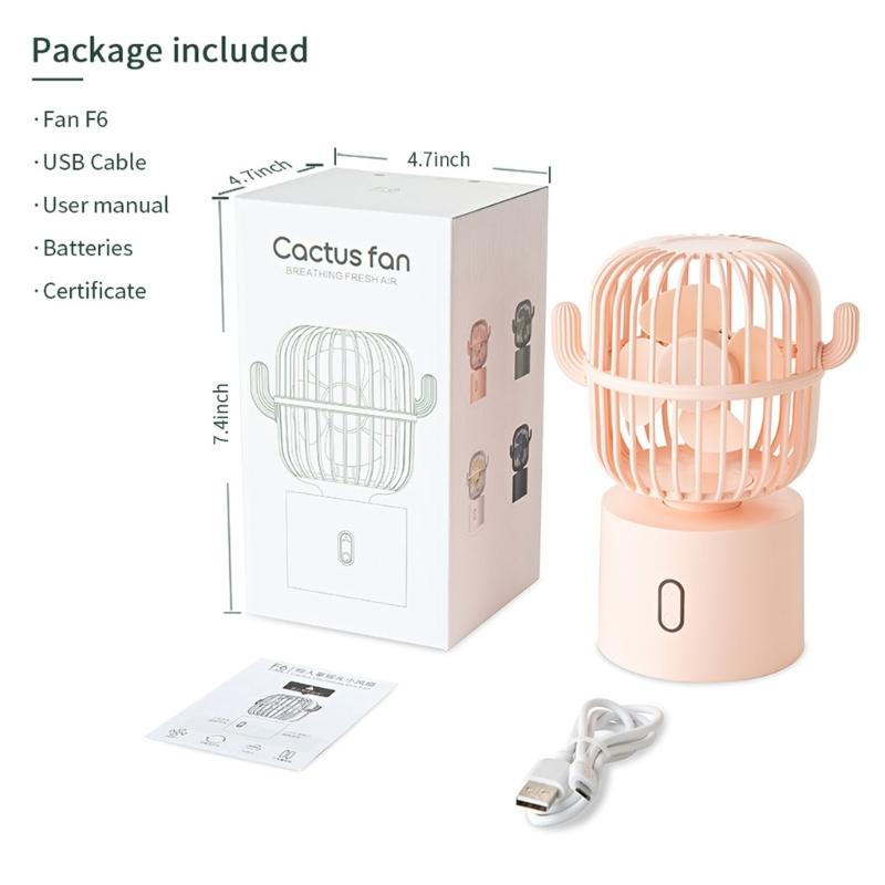 Small Desktop USB Desk Fan Cactus Mini Handheld Table Rechargeable 80 Degree Auto Rotation Portable Fans 3 Speeds Wind