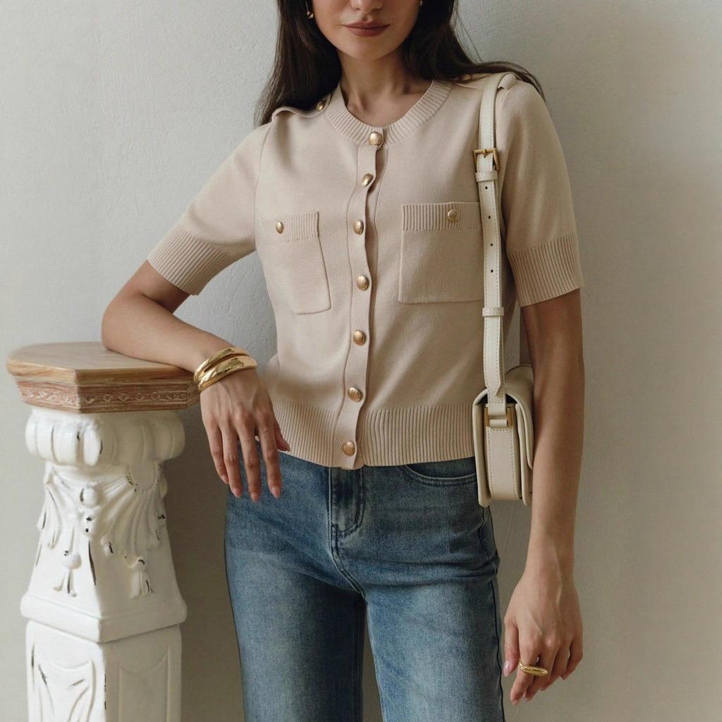 Women's Short Sleeve Cardigan with Gold Buttons and Pockets