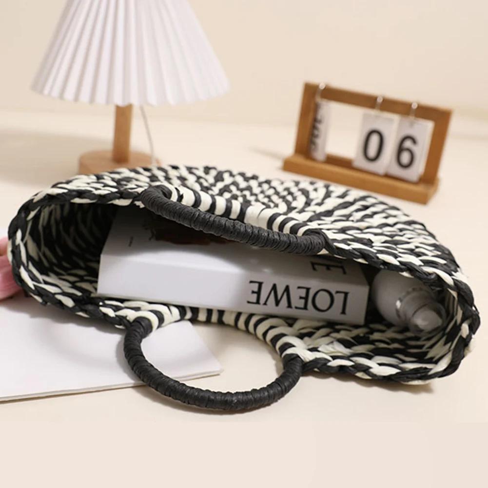 Women Half-Round Handbag Large Capacity Casual Travel Tote Bag Color Clash Semicircle Weaving Bag Female Leisure Bag