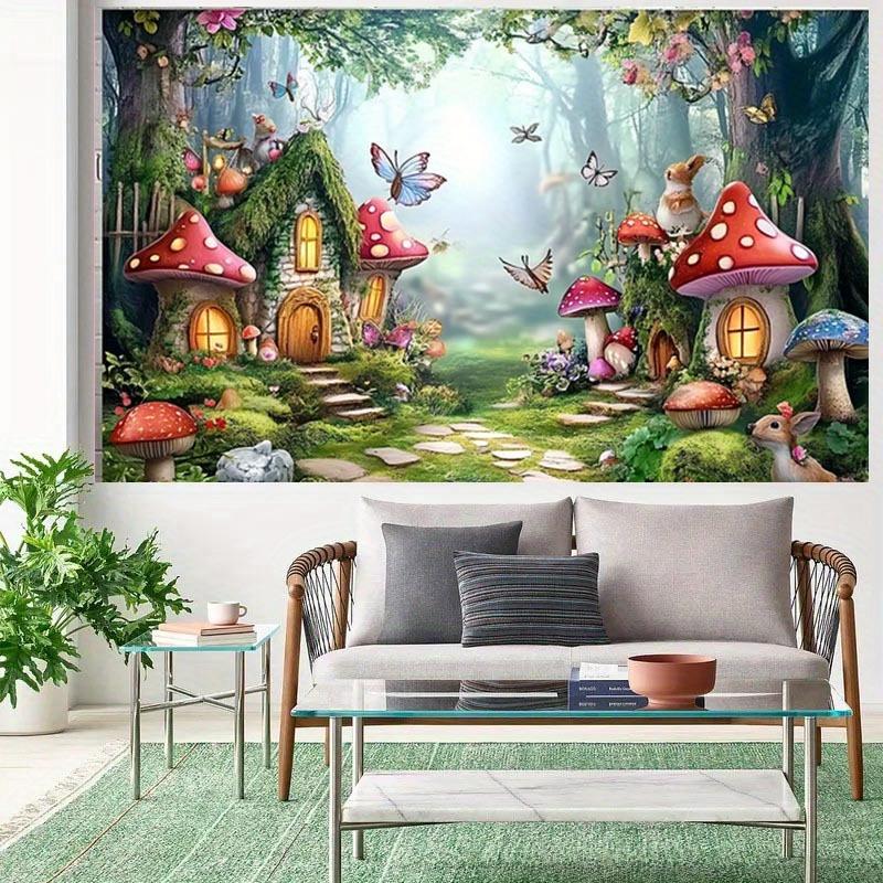 1 affascinante sfondo per giardino fiabesco, banner in poliestere con casetta a fungo colorata, farfalle e fiori di campo