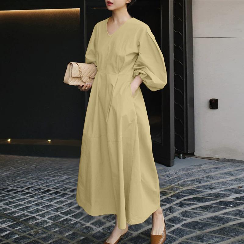 ZANZEA Women Casual V-Neck Loose Long Sleeve Solid Color Dress