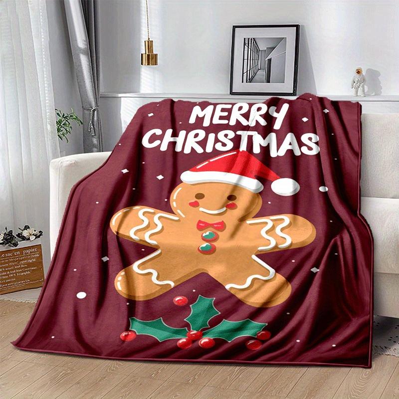1pc Christmas Gingerbread Man Printing Lightweight Flannel Blanket, Comfortable and Warm Blanket, for Camping Sofa Bed and Couch Office, Gift