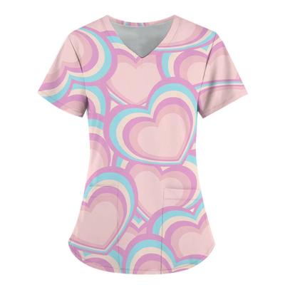 Women Working Uniform Smile Heart Print Cartoon Cat Dog Short Sleeve V-neck Tops Femme Blouse Nurse Work Wear Medical Uniforms