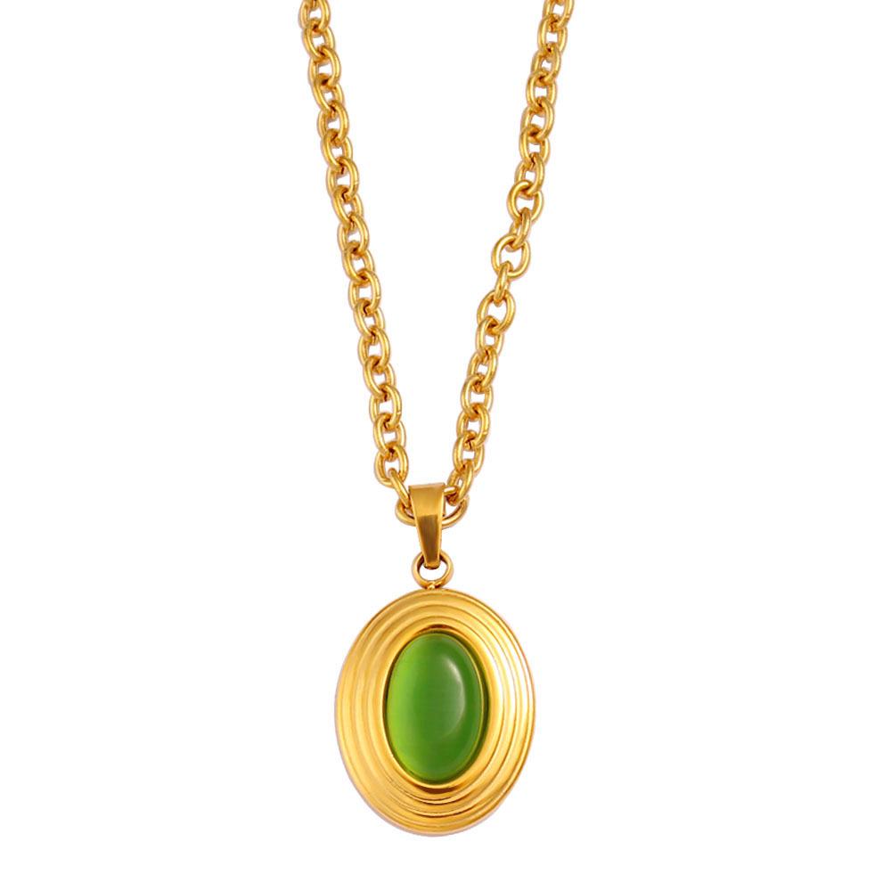 Elegant Retro Natural Stone Pendant Earrings and Necklace Set for Women - Oval Stainless Steel Jewelry with a Light Luxury Style