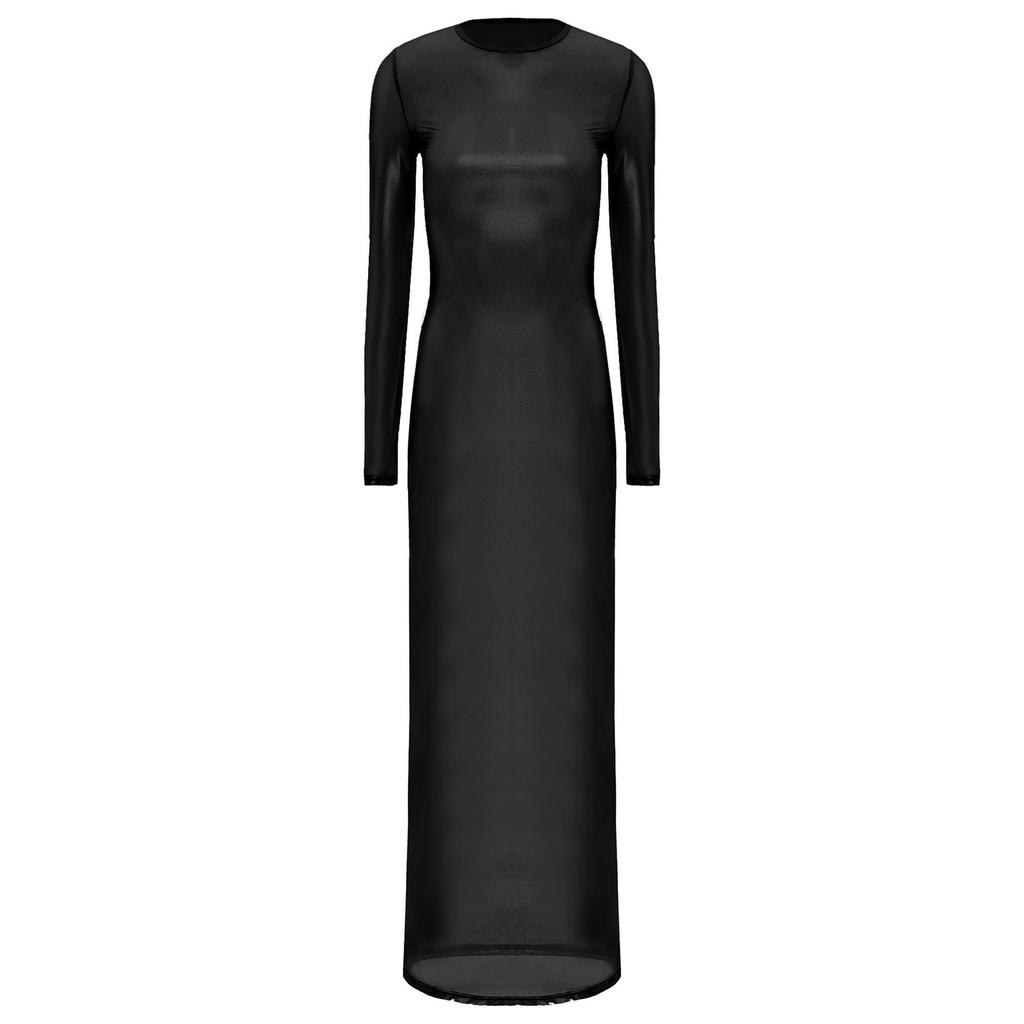 Жіноча прозора сукня з довгим рукавом, металізований блиск, напівпрозора, максі, для клубу, нічний одяг, весела спідня білизна-сукня