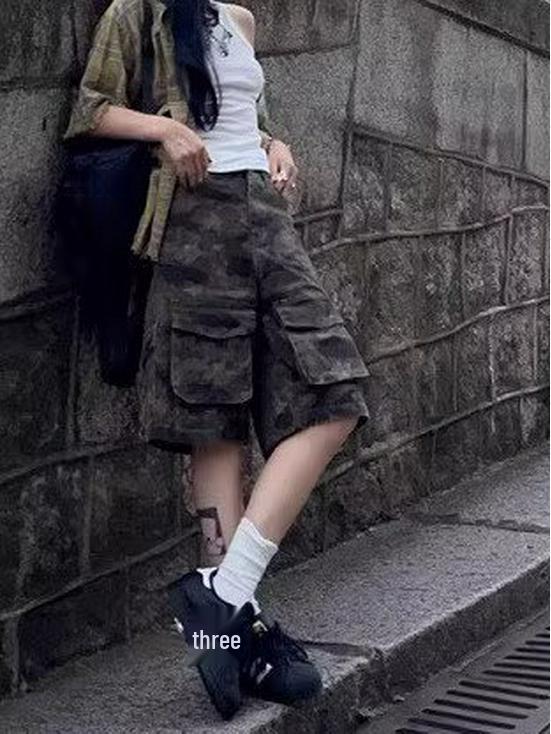 

American Retro High Waist Camo Five-Point Wide Leg Multi-Pocket Loose Work Pants L: Height 155-165CM (109-120 lbs)