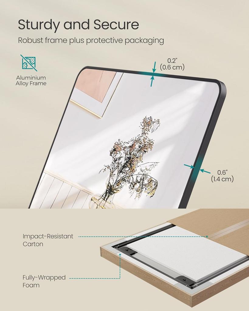SONGMICS Full Length Mirror, 160 x 50 cm, Rectangle Full Body Mirror with Stand, Aluminium Alloy Frame Floor Mirror, Tempered Glass, for Bedroom