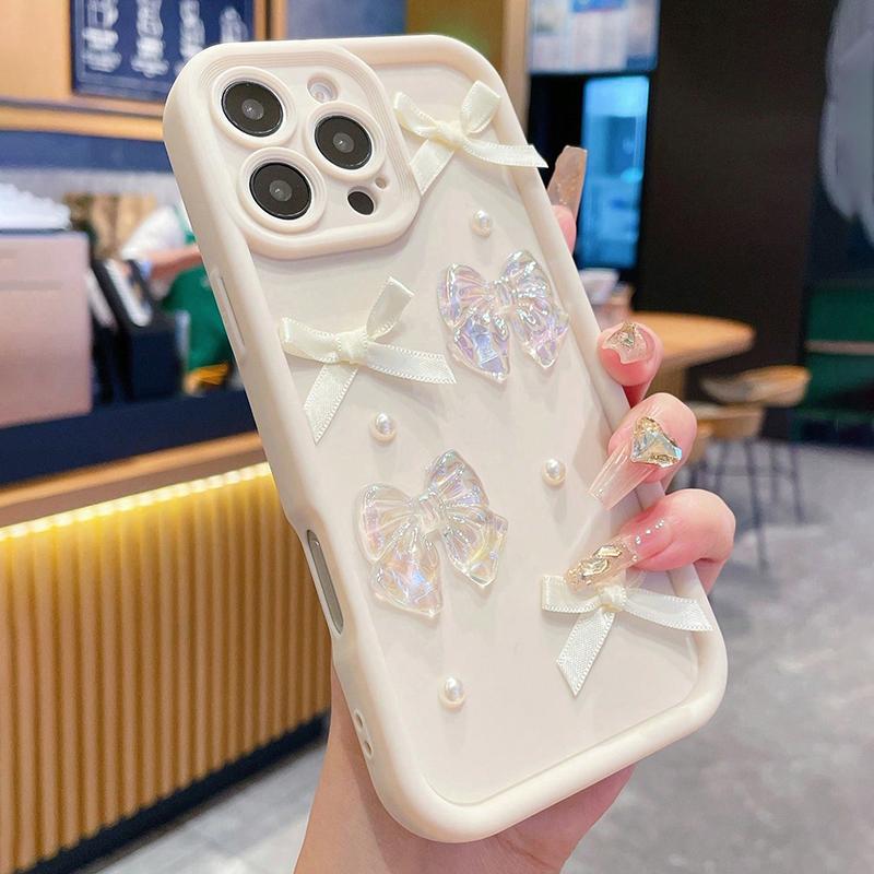 3D Bow Pearl Decorated Phone Case For iPhone 17 16 15 14 13 12 11 Pro Max 16E XS X XR 7 8 Plus SE Shockproof Silicone Soft Cover
