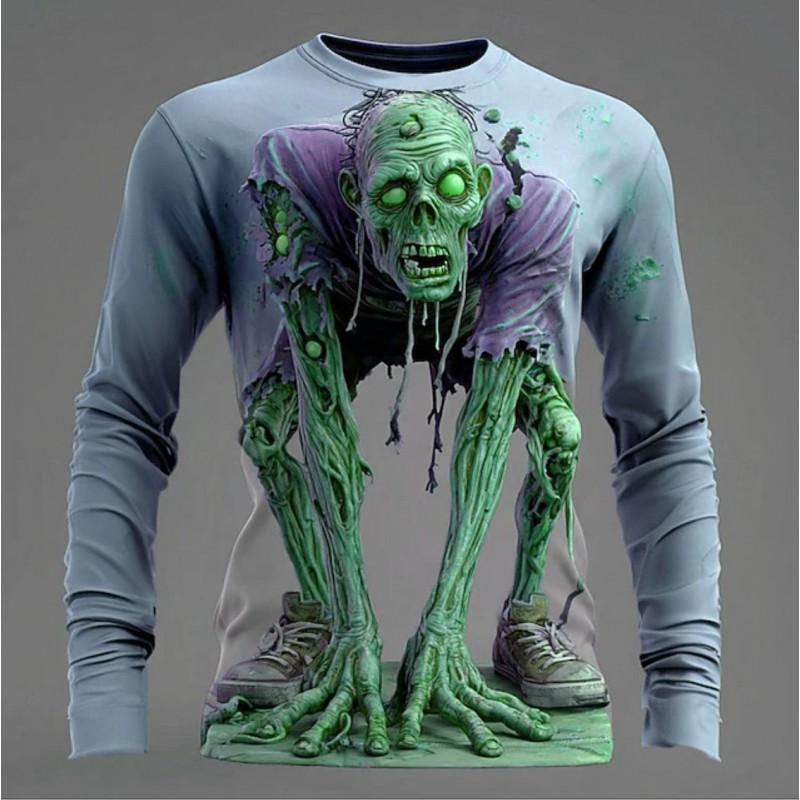 Mens Loose Fit Hooded Sweatshirt Halloween Horror Cartoon Print Long Sleeve Pullover Teens Adults