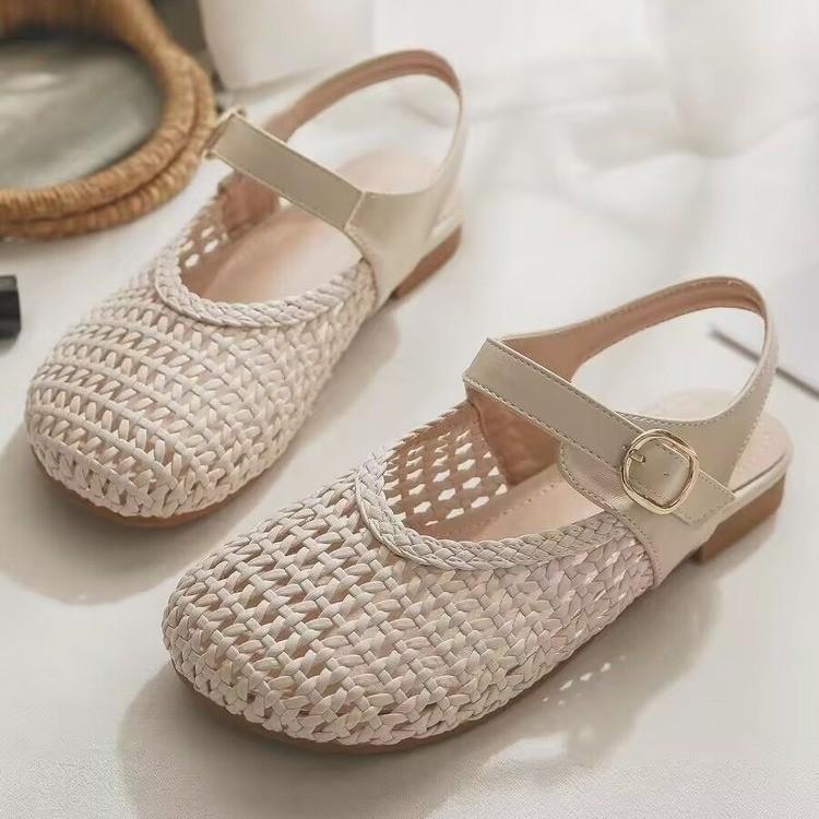 Mary Jane Women'S Shoes Summer New Hollow Woven Breathable Flat Bottom With Skirt Bag Head Sandals Single Shoes Women