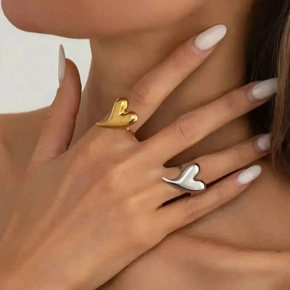 IngeSight.Z Minimalism Y2K Smooth Pointed Love Heart Open Ring for Women Stylish Gold Color Irregular Finger Ring Couple Jewelry