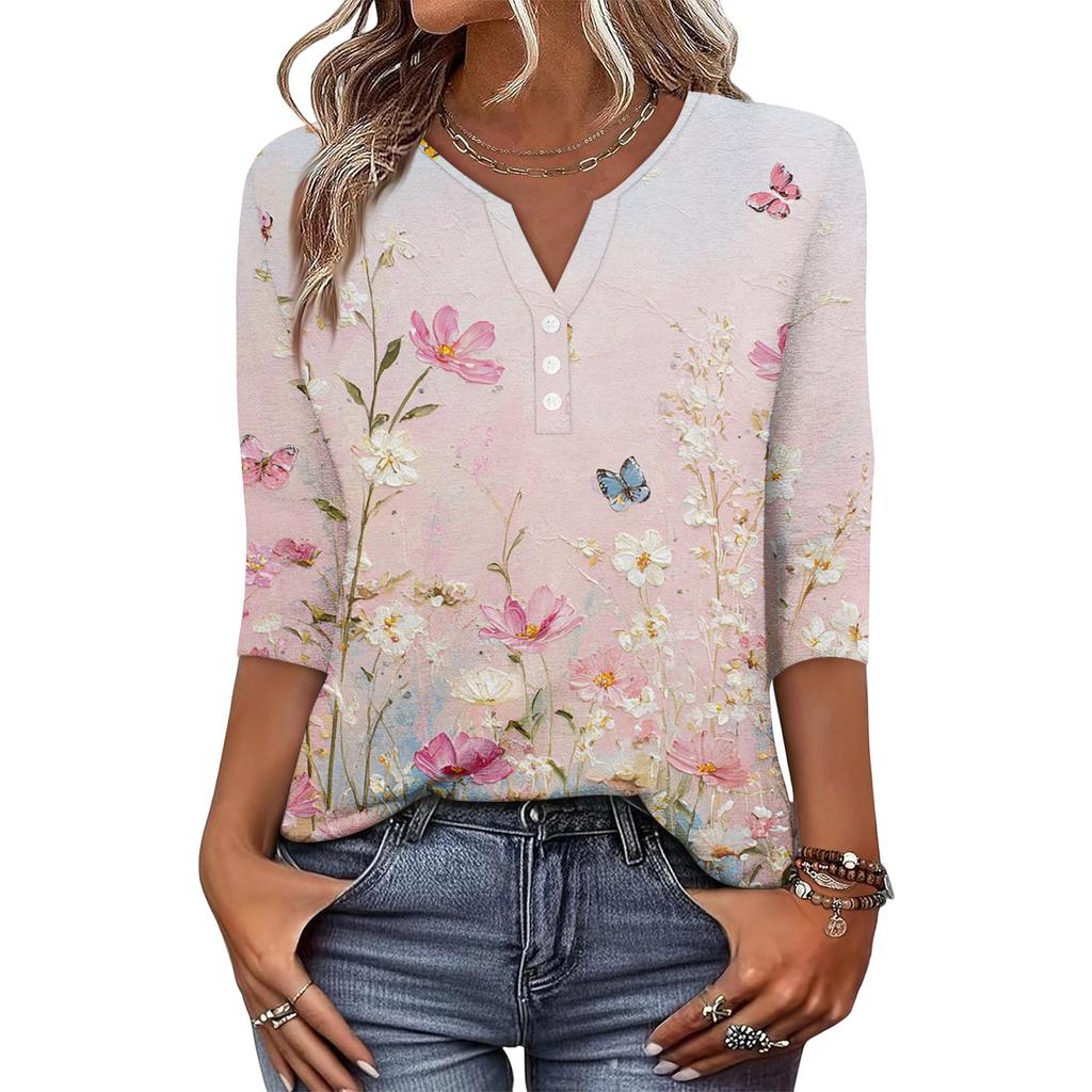 Women's Fashionable Casual Retro Floral Print V-Neck Button-Down Three-Quarter Sleeve T-Shirt Top