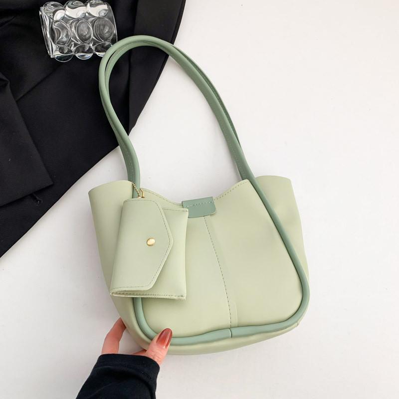 Trendy Black Pu Bucket Bag Stylish Minimalist Shoulder Bag For Daily Use And Casual Outings Green