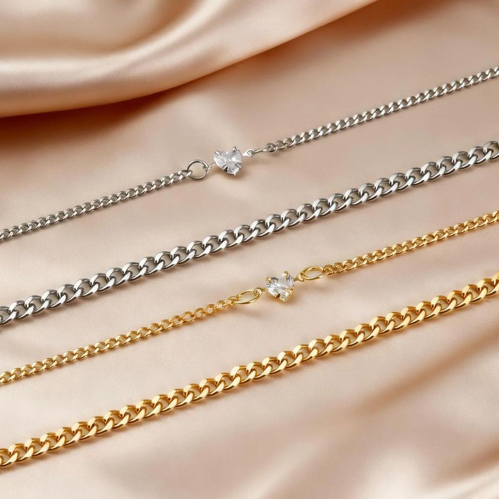 2Pcs Simple Stainless Steel Bracelet Set for Women Men, Zircon Heart Charms Couple Bracelets, Fashion Jewelry for Lover Gift
