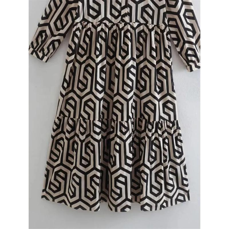 Geometrie Druck Midi Übergröße Lose Frauen Kleider Langarm Sommer Strand Dame Robe