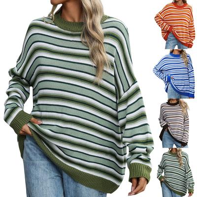 Women's Fashion Stripe Knitwear Large Round Neck Long Sleeve Pullover Sweater Top