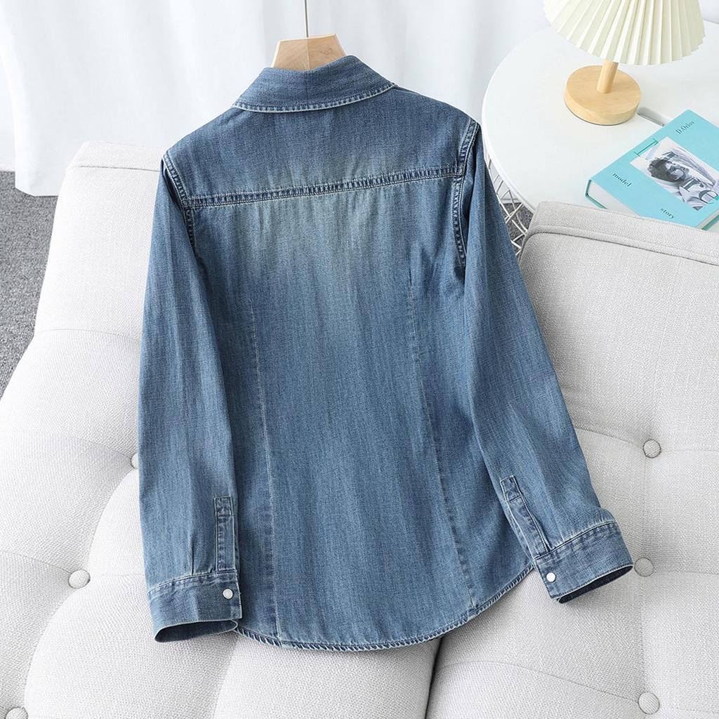 Women's Slimming Long Sleeve Washed Cotton Denim Shirt for Spring/Autumn