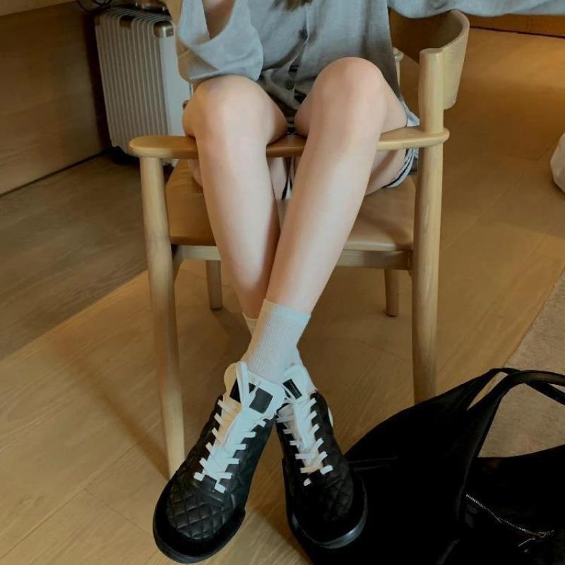 Sheepskin version~ rhombus tire cowhide lace-up casual sports shoes women's tide leather platform running shoes board shoes