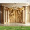 A Luxurious Gold and White Polyester Background Fabric with Grand Arches Chandeliers and Curtain Designs