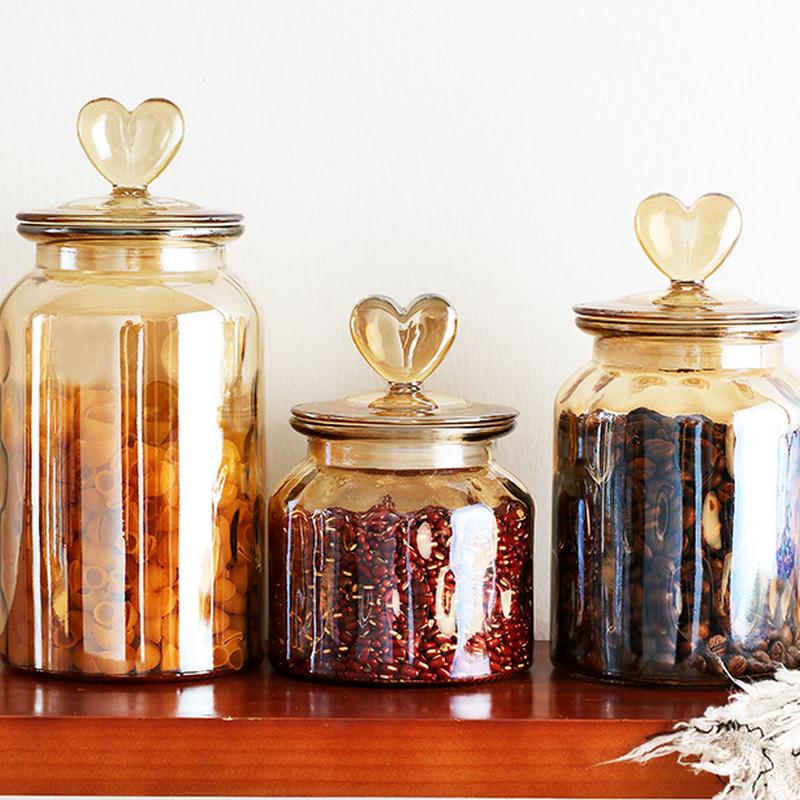 Amber Glass Sealed Jar Storage Bottle with Lid Large Capacity Transparent Heart-shaped Coffee Bean Storage Jar Kitchen Container