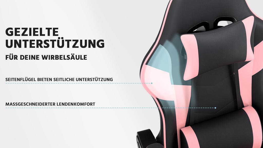 Gaming Chair with Lumbar Support, Breathable PVC Leather, Comfortable Computer, Load Capacity 200KG, Seat Height and Backrest Adjustable Black-Pink