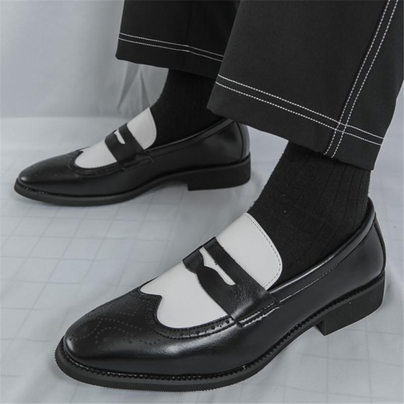 New Black White Brown Mixed Penny Loafers Men Pointed Slip On Casual Shoes Wedding Dress Homecoming Footwear Zapatos Hombre