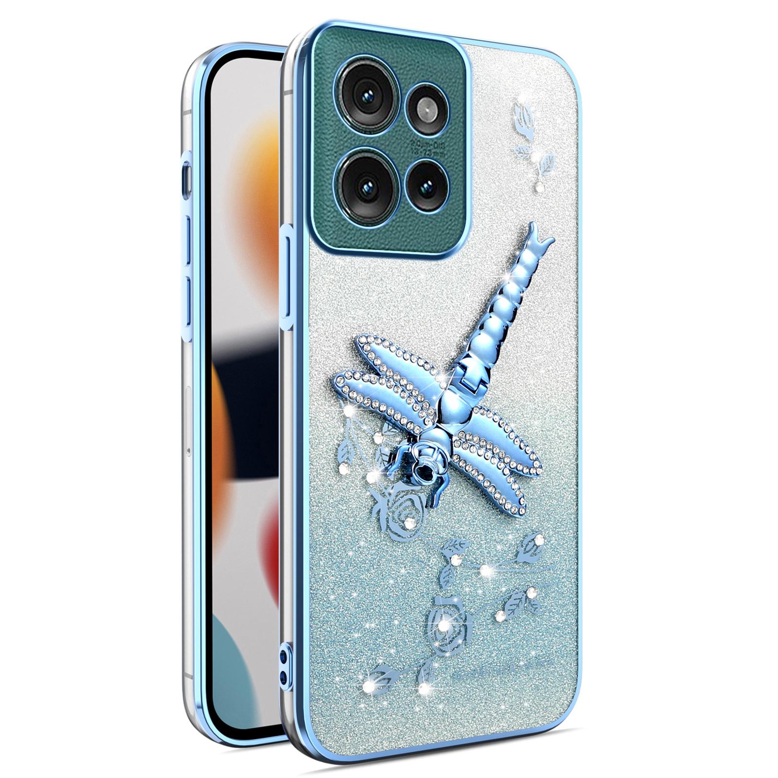 

For Motorola Edge 50 5G Case Dragonfly Kickstand TPU Flowers Glitter Phone Cover Blue