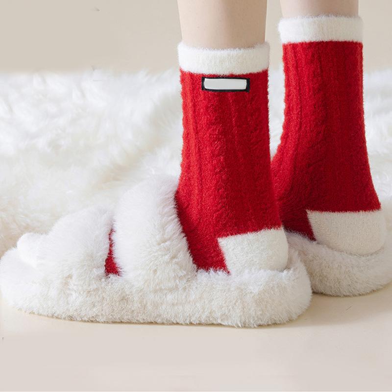 1 Pair Thick Socks for Women Mid Tube Socks Christmas Gift Middle Socks Warm Soft Red White Stripes Winter