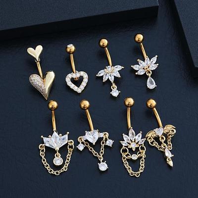 Zircon Heart Belly Button Ring For Women Girls Body Piercing Stainless Steel Navel Ring Beach Jewelry
